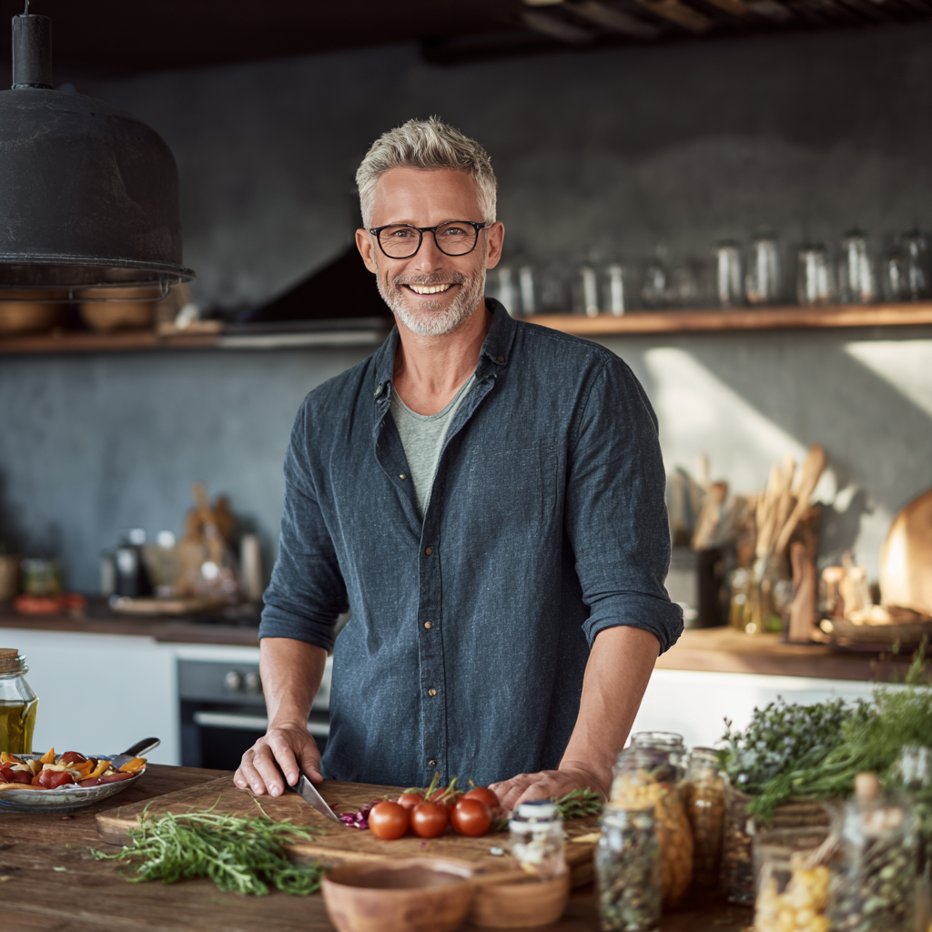 Boldog európai táplálkozási szakértő nő természetes világításban, friss zöldségekkel körülvéve, mosolyogva