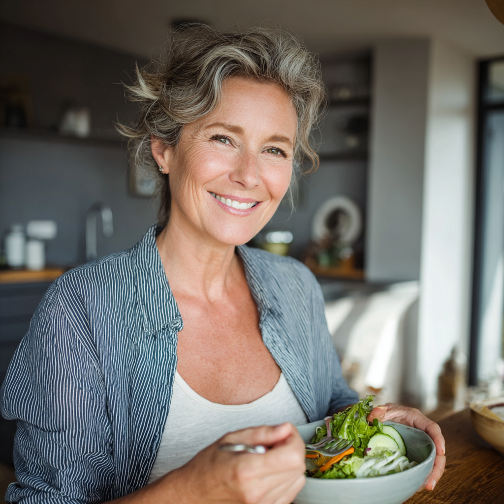 Középkorú európai férfi egészséges ételeket készít modern konyhában, mosolyogva és természetes világításban